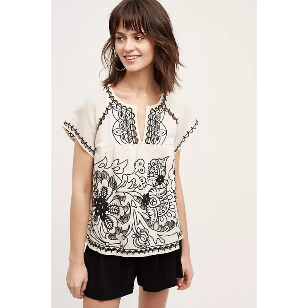 Anthropologie Vanessa Virginia Ikat Batik Print Ladder Pocket Tunic Blouse Sz 4P